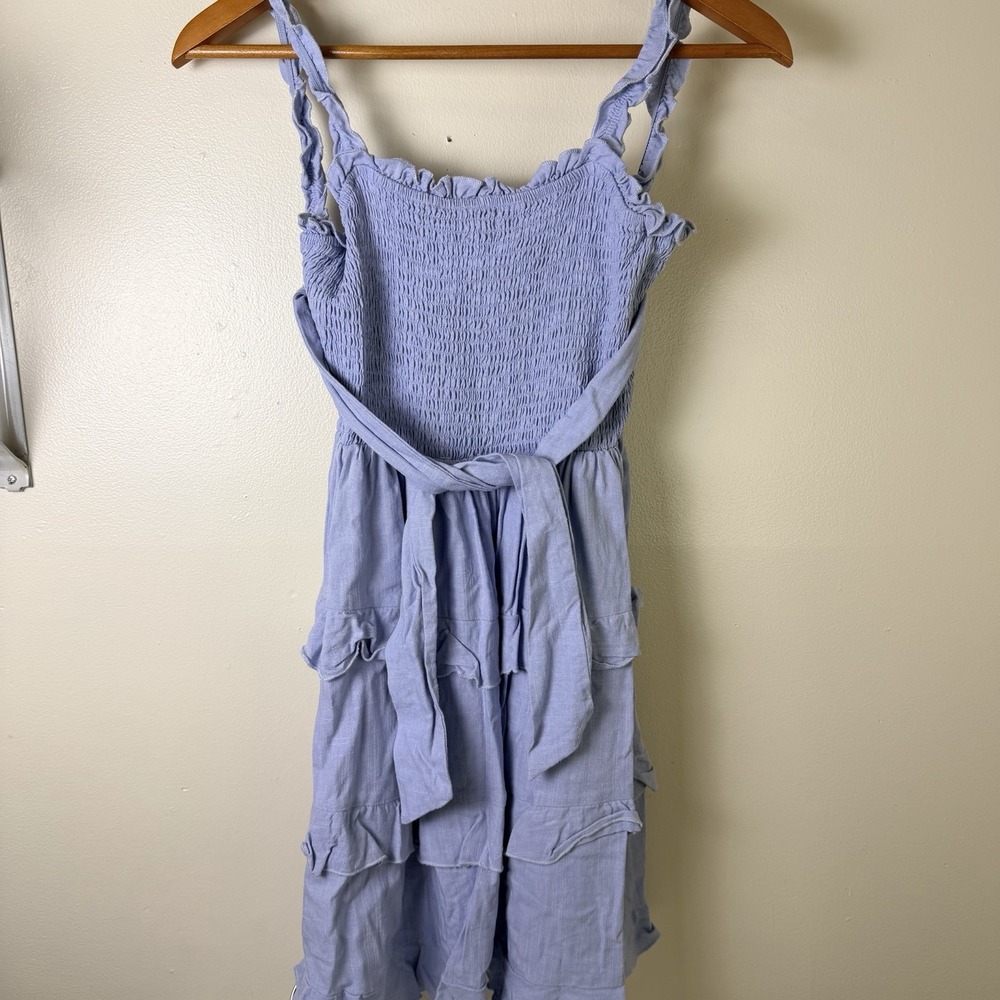 LULUS Dress Blue Scoop Back Ruched Front Ruffled Tiered Mini Size Small Sunny